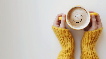 Wall Mural - A woman hands holding a cup of coffee with a happy face emoji on a white background with copu space for text good emotions morning mood.