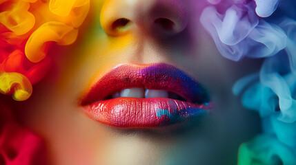 Wall Mural - A woman's lips are painted with bright colors, and she is surrounded by smoke. Concept of creativity and self-expression, as the woman's lips are a bold and colorful statement