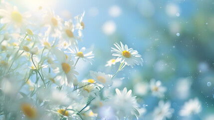 Wall Mural - Beautiful blurred spring floral background nature with blooming glade of daisies and blue sky on sunny day : Generative AI