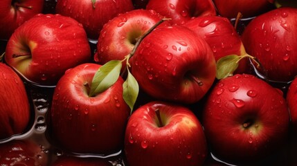 A close-up image showcasing vibrant red apples with fresh water droplets, focused on details and textures
