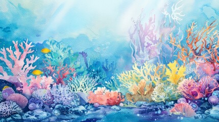 Wall Mural - Vibrant watercolor underwater scene illustration with diverse corals and ample empty space.