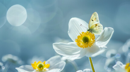 Poster - Detail with shallow focus of white anemone flower with yellow stamens and butterfly in nature macro on background of blue sky with beautiful bokeh Delicate artistic image of beauty of  : Generative AI