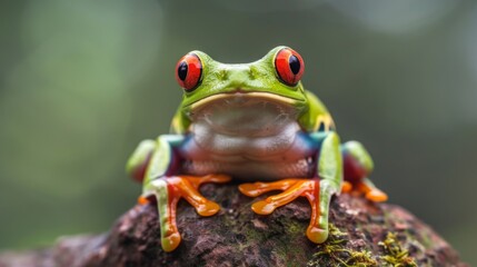 Macro shot of a red-eyed tree frog looking directly at the camera from its perch