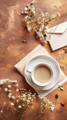 Wall Mural - Elegant feminine workspace with cup of coffee, paper envelope, notebook, dry flowers on brown background. Vintage home office desk table, top view 