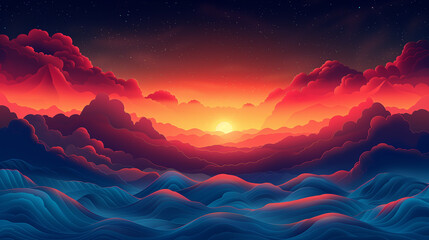 Wall Mural - A vibrant, surreal landscape with layered waves and clouds, showcasing a dramatic sunset beneath a starry sky.