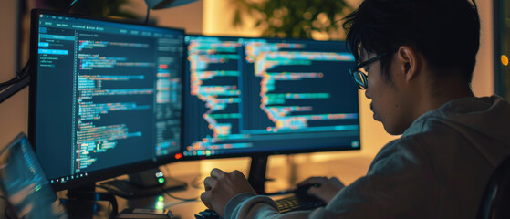Wall Mural - a focused software developer coding on multiple screens in a dimly lit workspace, signifying dedicat
