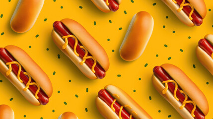 Wall Mural - A row of hot dogs with mustard and green peppers