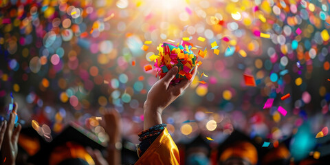 Hand Holding Confetti at Colorful Graduation Celebration