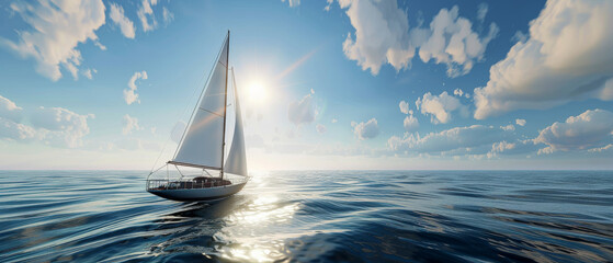 Wall Mural - A solitary sailboat glides through the calm, open sea under a bright, sunny sky with scattered clouds.