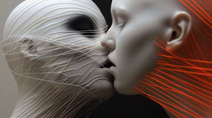 Wall Mural - Abstract futuristic figures kissing with intricate line patterns