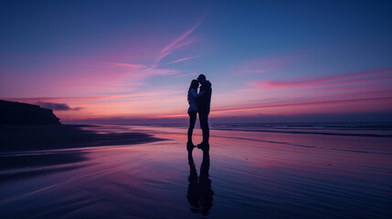 Couple embracing on a beach at sunset