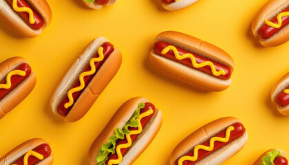 Wall Mural - A row of hot dogs with mustard and lettuce on them