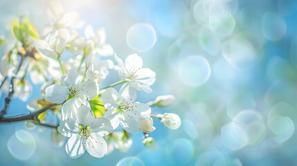 Wall Mural - Branches of blossoming cherry macro with soft focus on gentle light blue sky background in sunlight with copy space Beautiful floral image of spring nature panoramic view : Generative AI