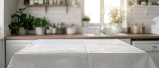 Macro shot of a white table with a clean tablecloth in a laundry room, blurred background, soft natural light, interior mockup with ample copy space, neat and simple