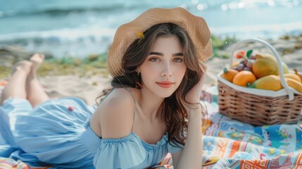 Canvas Print - The woman with beach picnic