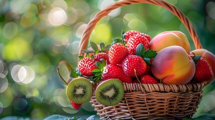 Wall Mural - A basket of fresh fruits including strawberries, kiwi and peaches on a green background with a bokeh effect.