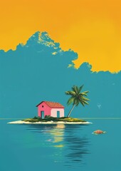 Canvas Print - A small pink house is on a small island in the ocean