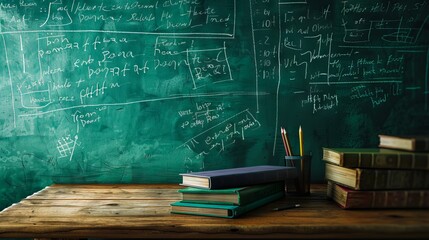 Poster - A wooden table with books and chalk on the wall.