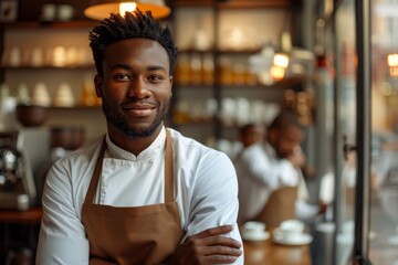 Wall Mural - A man in a chef's uniform is smiling and posing for a picture