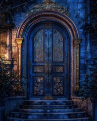 Wall Mural - A blue door with gold trim and a gold handle