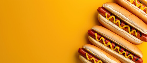 Wall Mural - A row of hot dogs with mustard on them