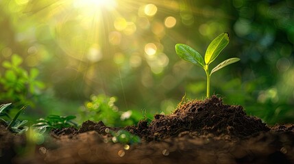 A beautiful green little plant coming out of the earthen soil with a beautiful blurred green background with sunbeams