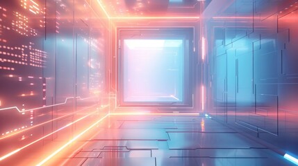 Futuristic Abstract Digital Corridor with Neon Lights and Geometric Patterns in a High-Tech Environment