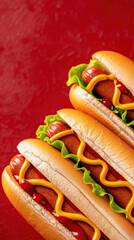 Wall Mural - Three hot dogs with mustard and ketchup on a red background