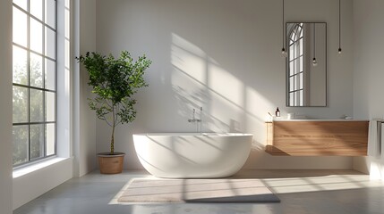 Wall Mural - A modern minimalist bathroom with an oval freestanding bathtub in the center, large windows on one side for natural light and a wooden vanity beside it.