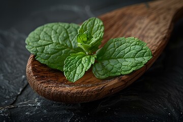 Wall Mural - A wooden spoon with a sprig of mint on it