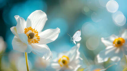 Poster - Detail with shallow focus of white anemone flower with yellow stamens and butterfly in nature macro on background of blue sky with beautiful bokeh Delicate artistic image of beauty of  : Generative AI