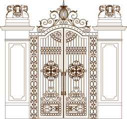 Wall Mural - Vector silhouette illustration sketch of a detailed design of a classic vintage European style old iron fence gate 