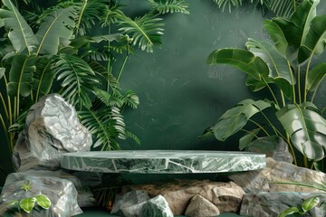 Wall Mural - 3D stone green podium or rock dais stage and nature green leaves. elegant green podium mock-up stand product scene green nature background. 3d podium stage illustration render tropical - generative ai