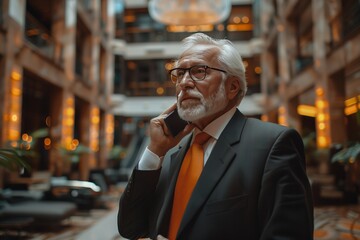 Wall Mural - Senior Businessman Talking on Cell Phone in a Modern Lobby