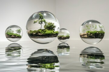 Wall Mural - Transparent glass orbs floating above a reflective surface, each containing miniature landscapes, symbolizing the encapsulation of diverse ideas.