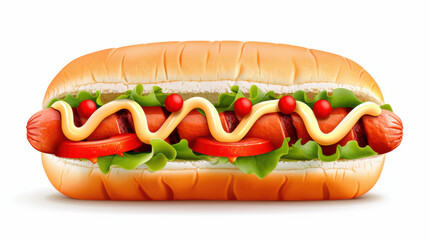 Wall Mural - A hot dog with mustard and ketchup is on a bun
