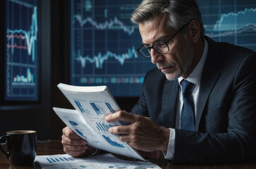 Experienced stock market broker analyzing charts and reports late at night in office