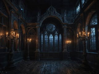 Candelabras illuminating abandoned gothic mansion interior at night