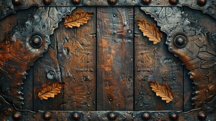 Canvas Print - Ancient wooden gate leaf detail with metal rivets on square background Text space included