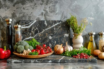 Wall Mural - Marble stone stand on kitchen table with various food ingredients - generative ai