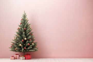 Wall Mural - Decorated Christmas tree with gifts against pink wall with copy space. Empty wall scene mockup. Promotion background.