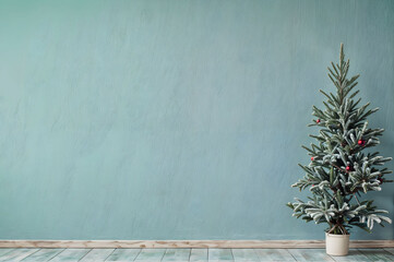 Wall Mural - Decorated Christmas tree against blue wall with copy space. Empty wall scene mockup. Promotion background.