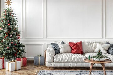 Wall Mural - A white living room decorated for Christmas with a tree, gifts, and a white sofa with red pillows. Empty white wall for wall art mock up.