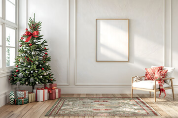 Wall Mural - Blank wooden frame for wall art mock up in minimalist living room with Christmas tree and winter decor.
