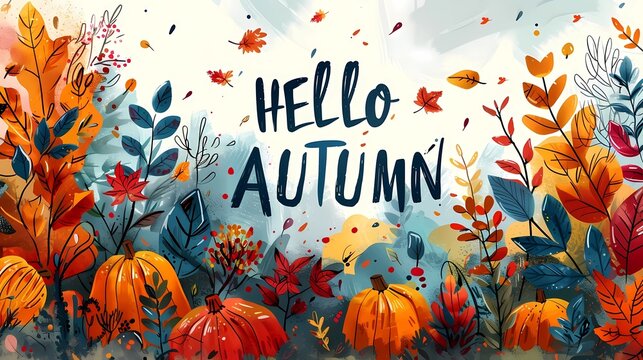 A close-up of a card featuring the words hello Autumn in elegant lettering, set against a maple leaves background