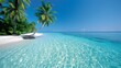 © sakareeya - An idyllic beach on a secluded atoll with soft white sand, clear turquoise water, and gently swaying palm trees, inviting viewers to imagine a peaceful escape to this remote paradise.