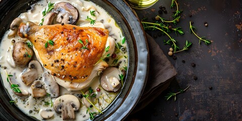 Poster - Delicious chicken fricassee with white wine cream sauce and mushrooms displayed on a table. Concept Food Photography, Gourmet Meal, Culinary Delight, Elegant Presentation, Fine Dining