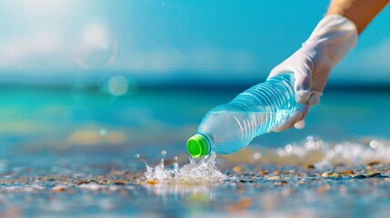 hand pouring water from plastic bottle onto beach with splash - environmental sustainability concept.