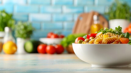 delicious pasta salad with fresh vegetables in a white bowl on a wooden table with a blurred background.