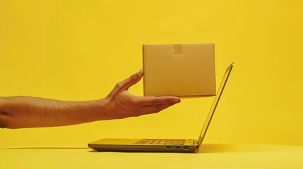 Hand Reaching Out of Laptop with Cardboard Box - Generative AI